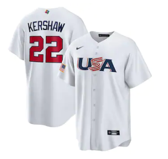 Men's USA Baseball #22 Clayton Kershaw 2023 White World Baseball Classic Replica Stitched Jersey